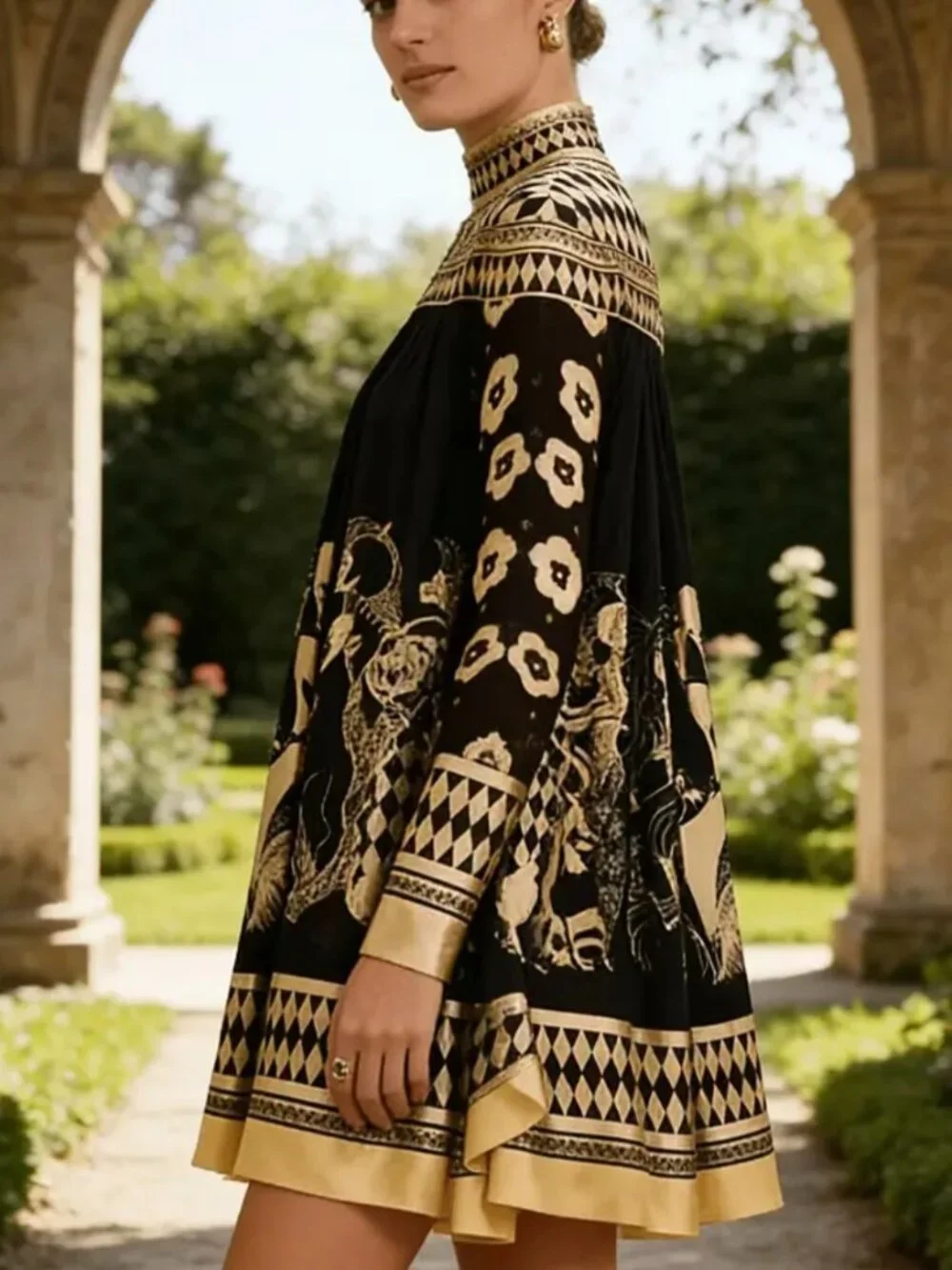 Women'S Bronze Ethnic Print Stand Collar Long-Sleeved Short Dress, Casual